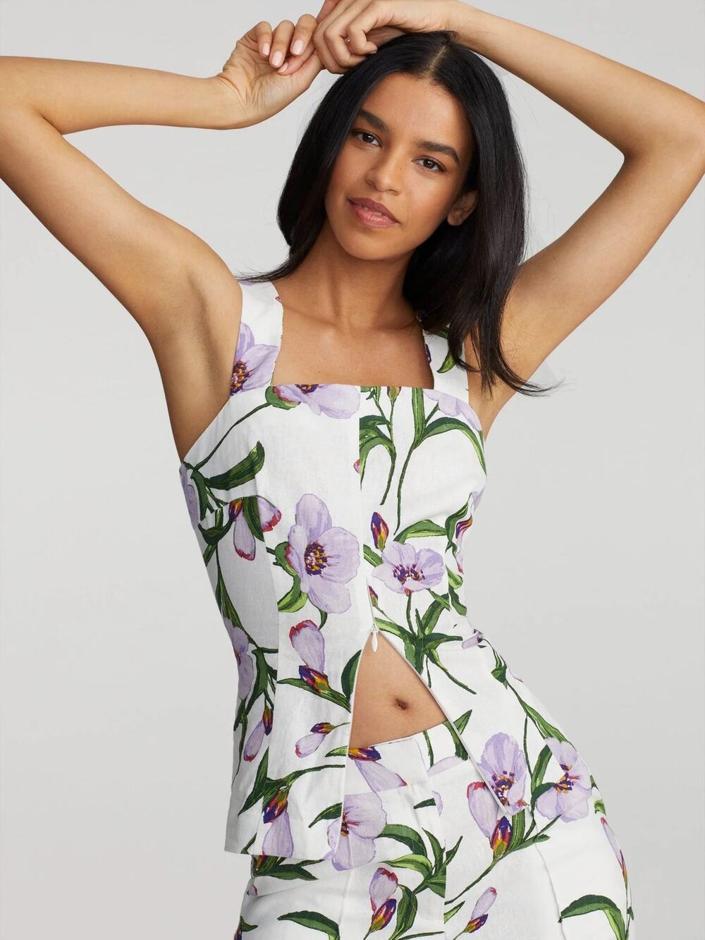 GABRIELLE UNION Balee Tank Size Large Split Hem Linen Blend Floral Summer NWT